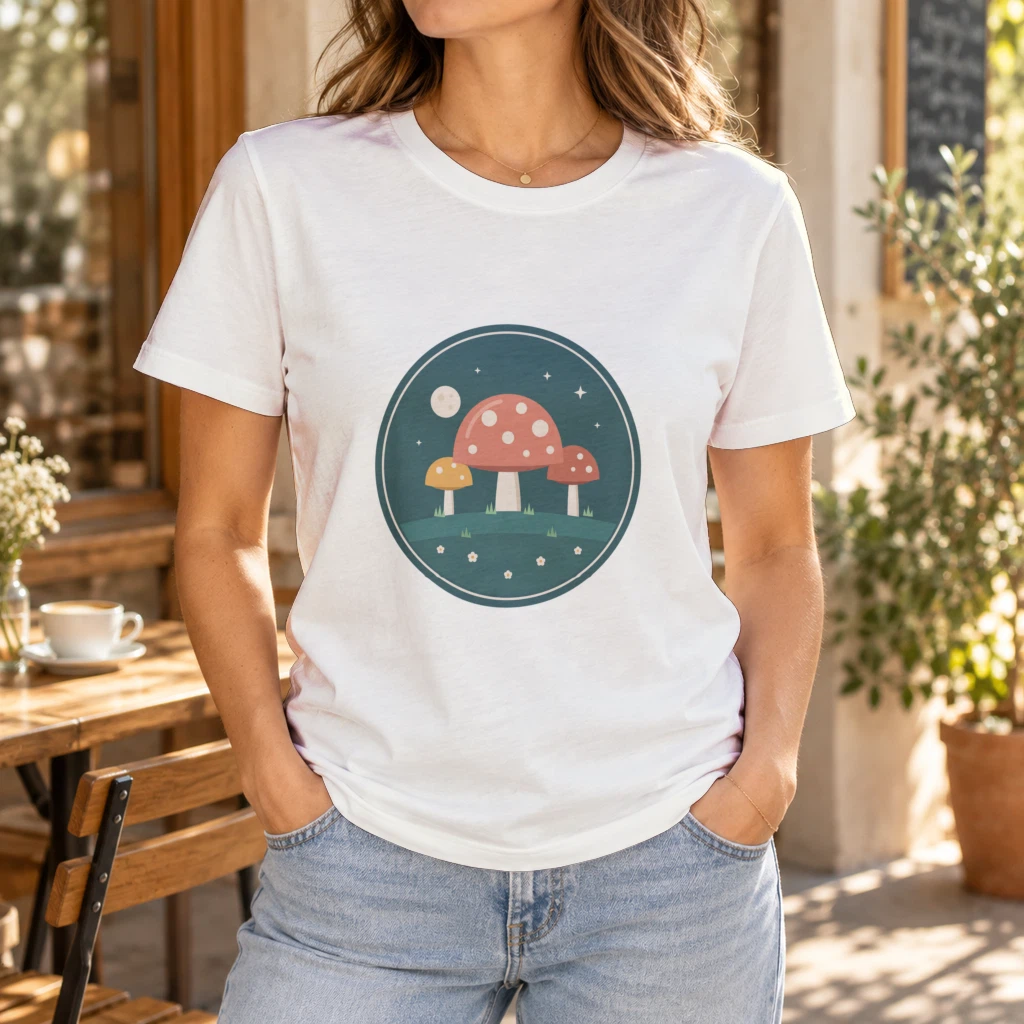 A white t-shirt on a model at a cafe table with the round mushroom badge design printed on the chest, rendered by the SudoMock API from a PSD template