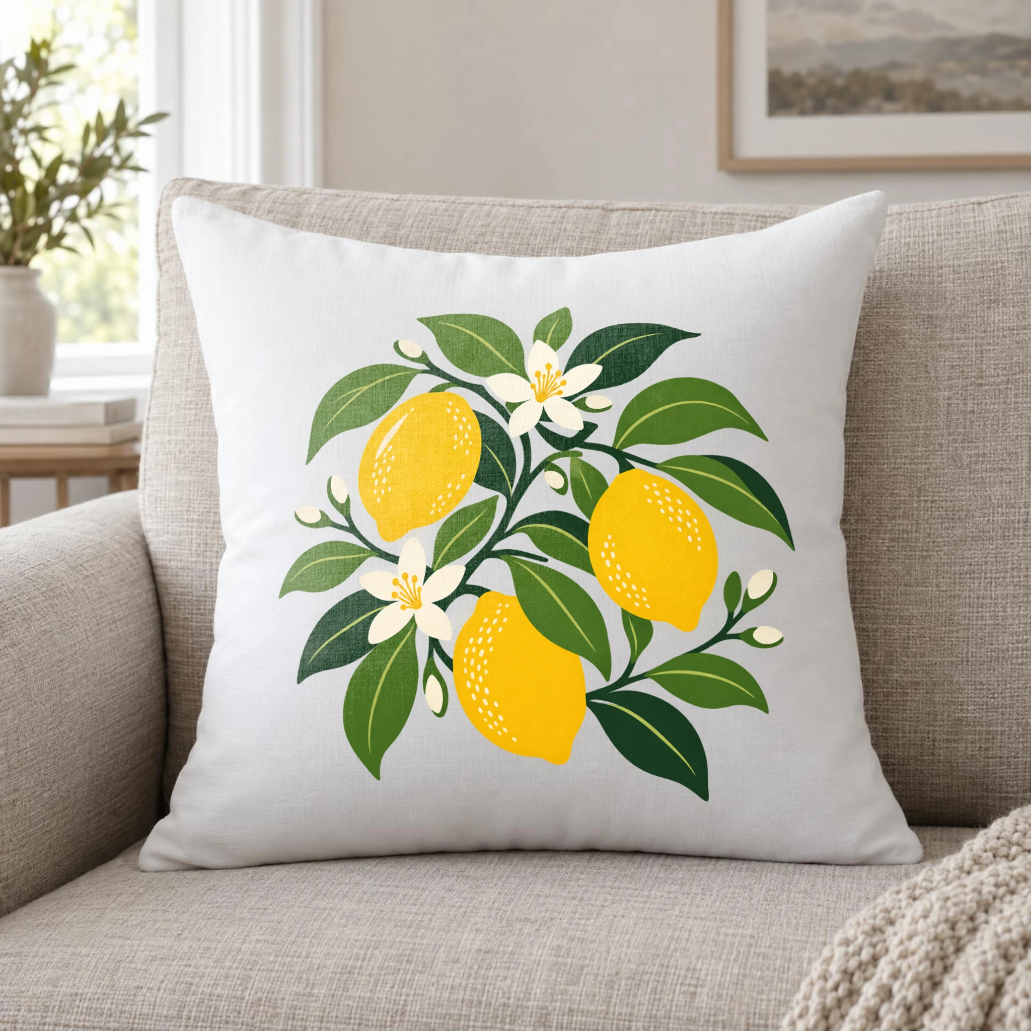 The white pillow on the sofa rendered by SudoMock with a lemon branch design of three lemons, white blossoms and green leaves centered on its front