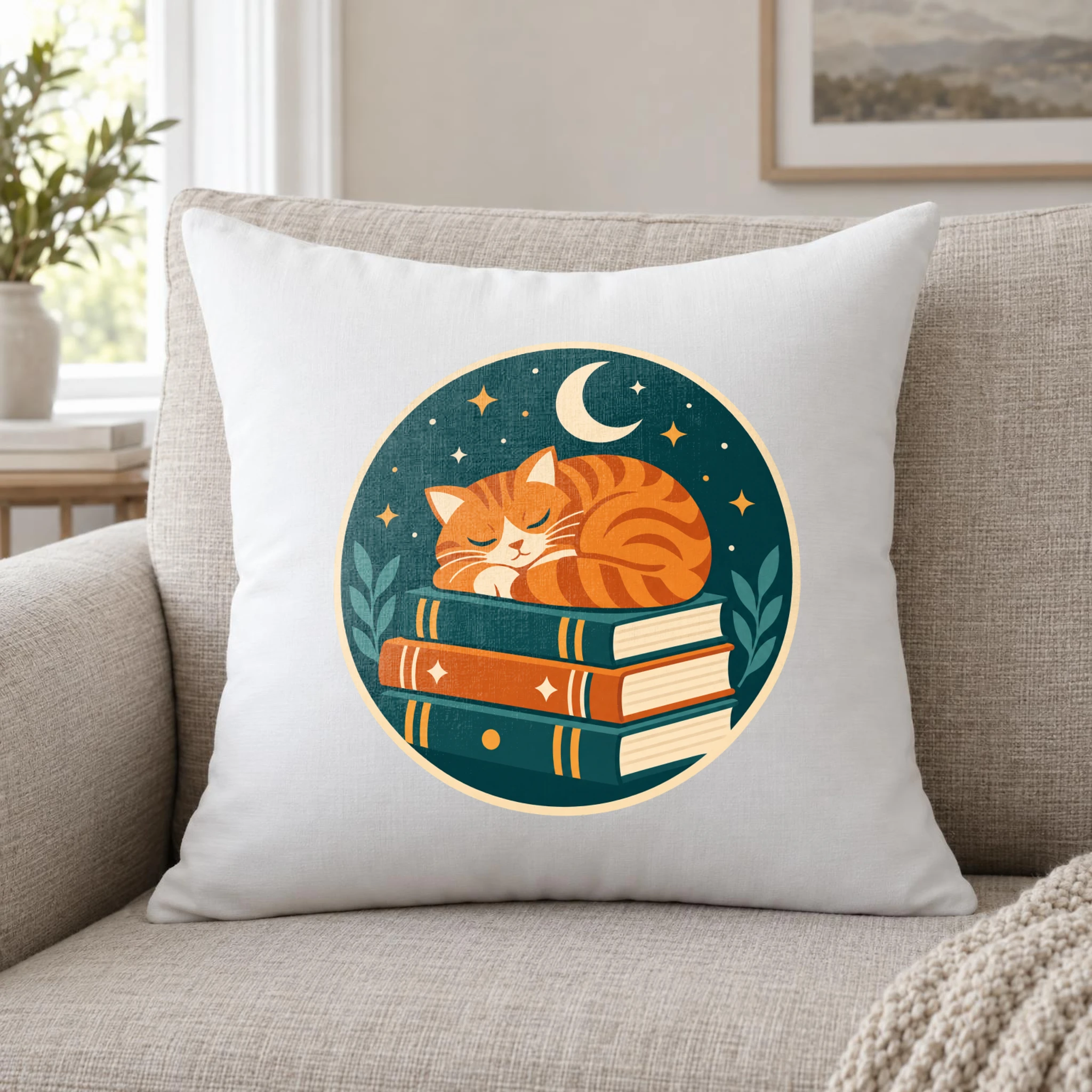 The same pillow rendered by SudoMock with a round badge of a ginger cat asleep on a stack of books under a crescent moon
