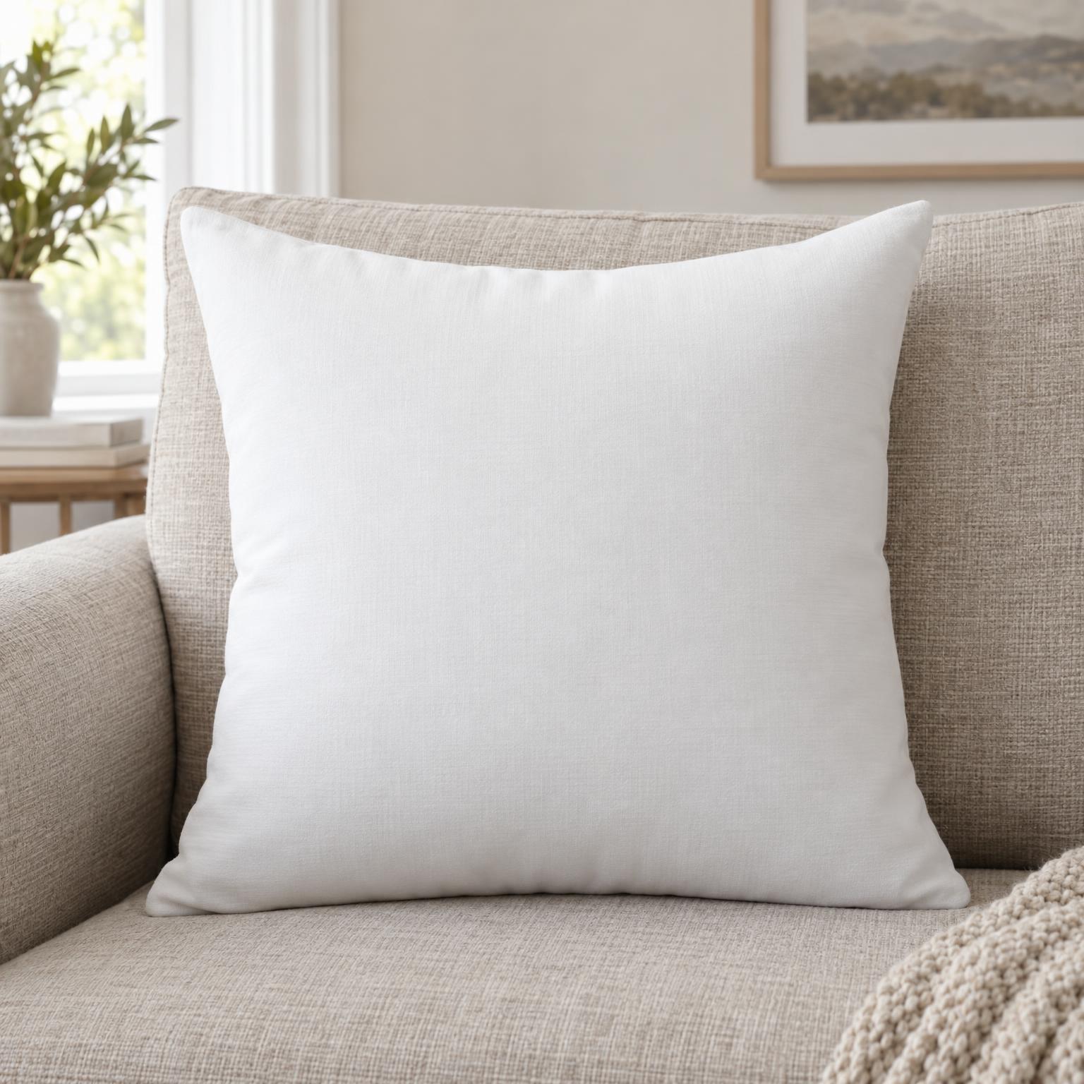 A plain white square throw pillow standing on a beige linen sofa, its front face straight on to the camera, used as the input photo