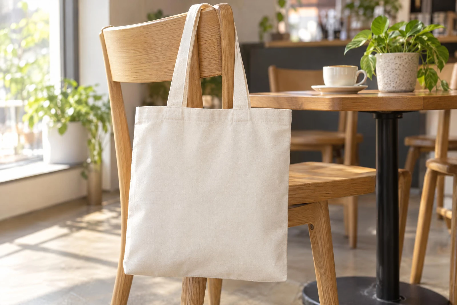 A blank cream canvas tote bag hanging by its handles from a light oak cafe chair, its plain front panel straight on to the camera, a coffee cup and a potted plant on a table behind it