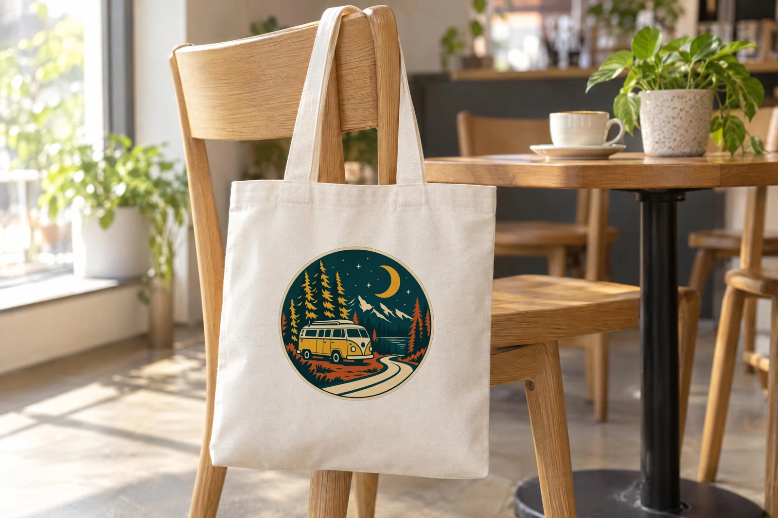 The cafe chair tote rendered by SudoMock with a round camper van badge of a yellow van on a winding road under pine trees and a crescent moon, centered on the front panel