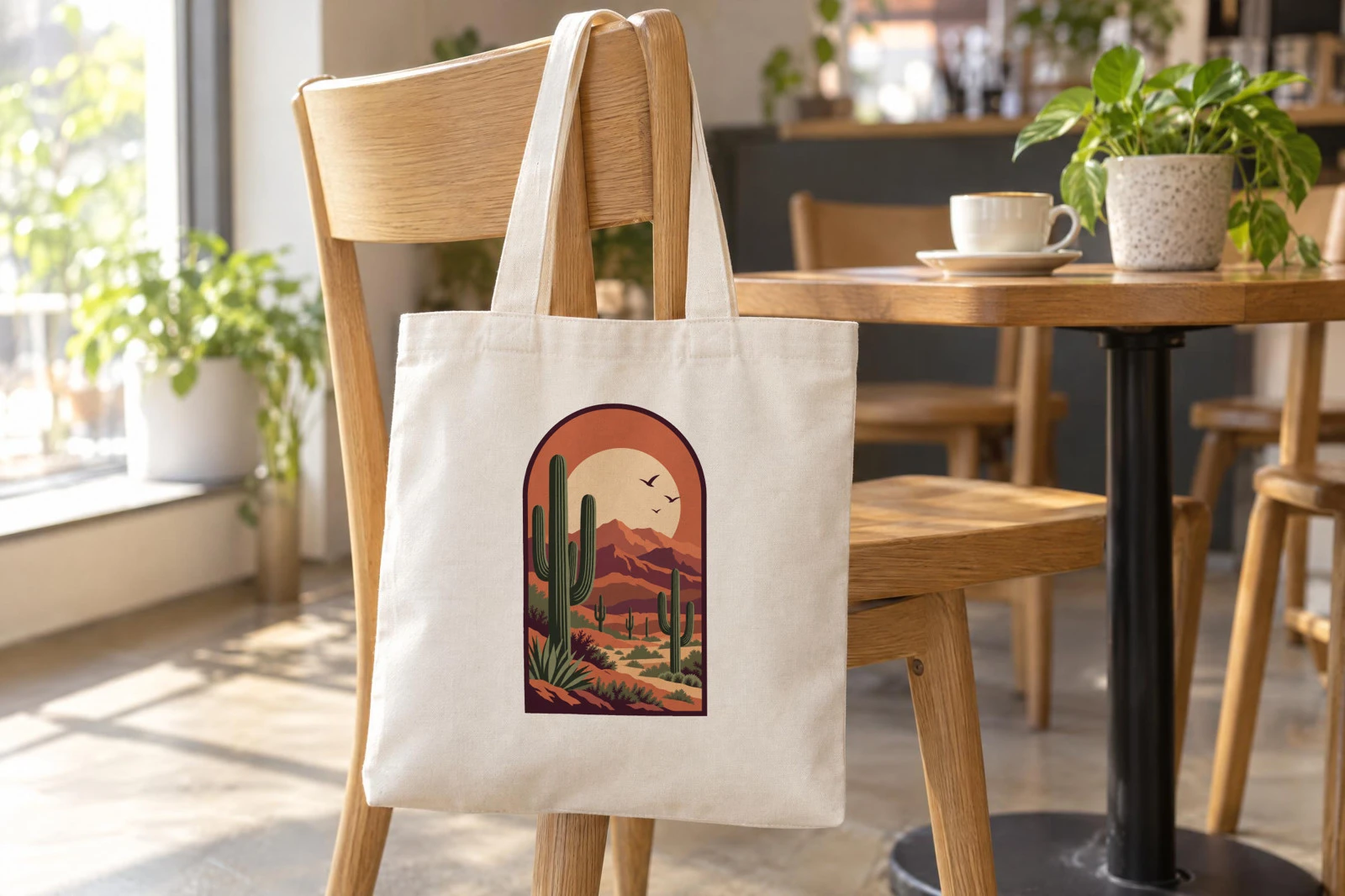 The same tote rendered with a tall arch-shaped desert design of saguaro cacti, terracotta mountains and a pale sun