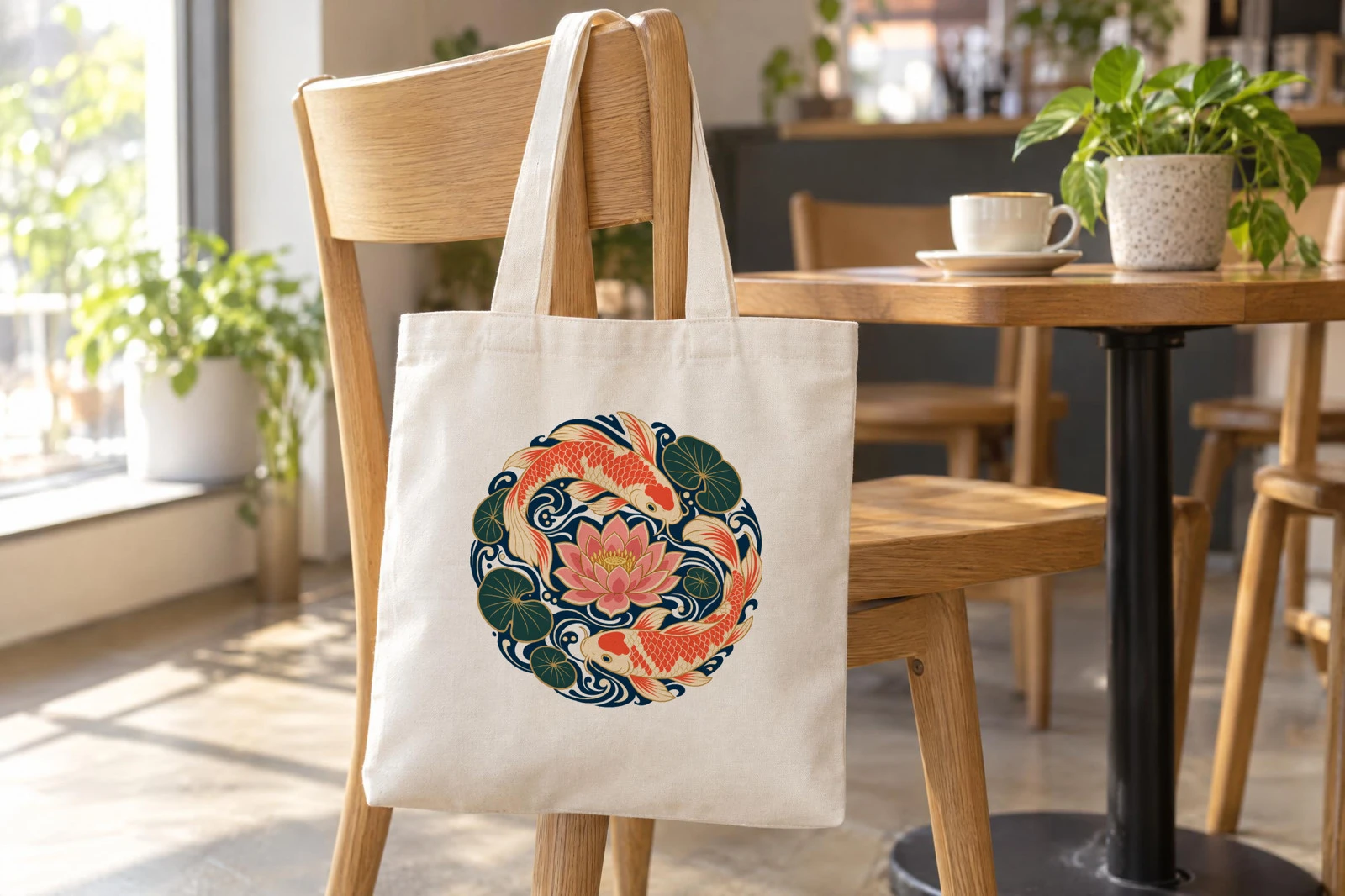 The same cafe chair tote rendered with a round design of two coral koi circling a pink lotus among navy waves and lily pads
