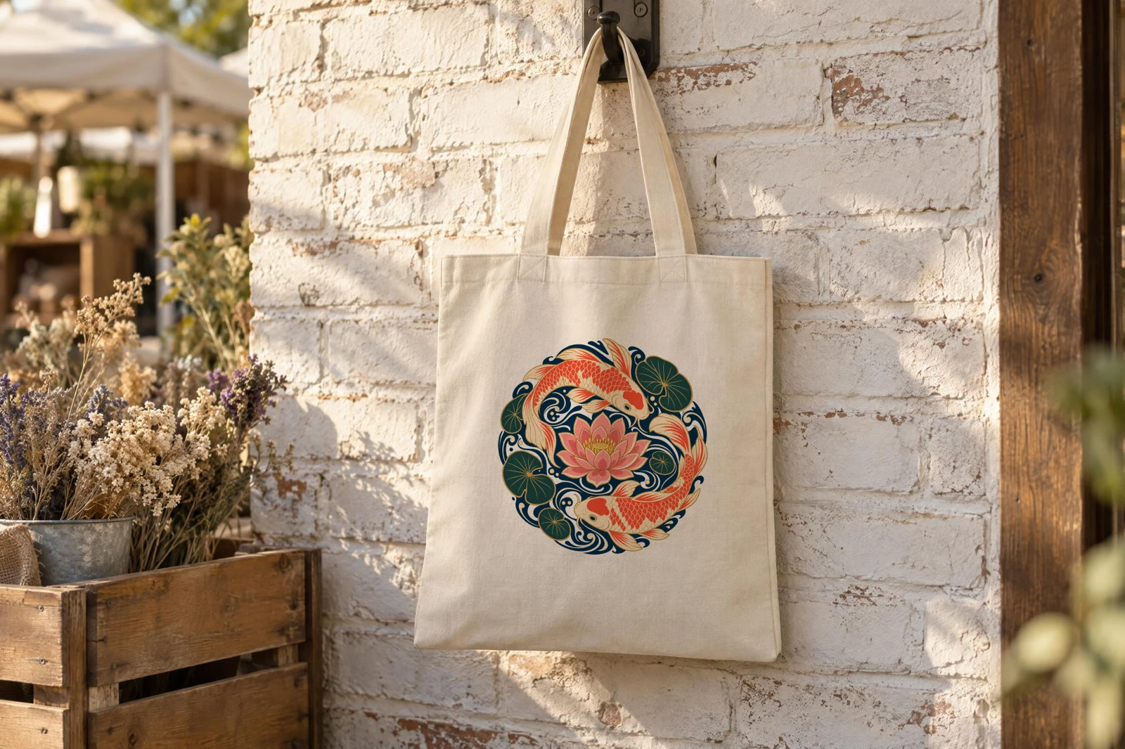 The same market wall tote rendered with the koi and lotus circle