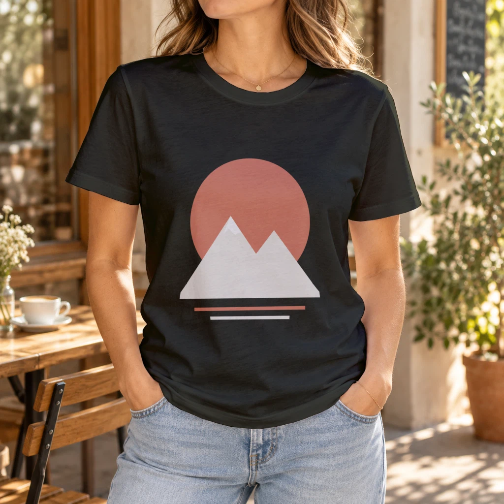 T-shirt PSD mockup rendered by API in black with the mountain print