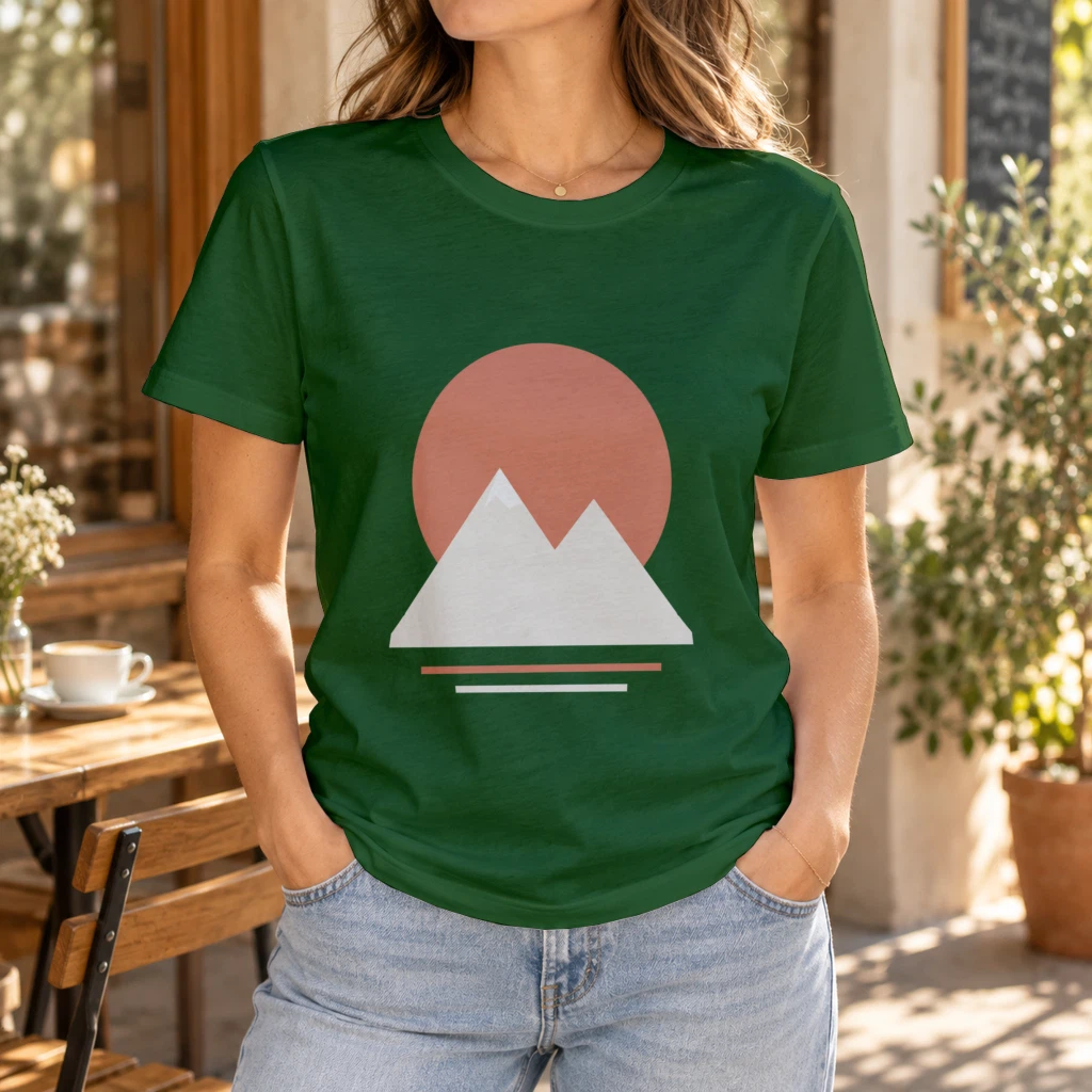 T-shirt PSD mockup rendered by API in forest green with the mountain print