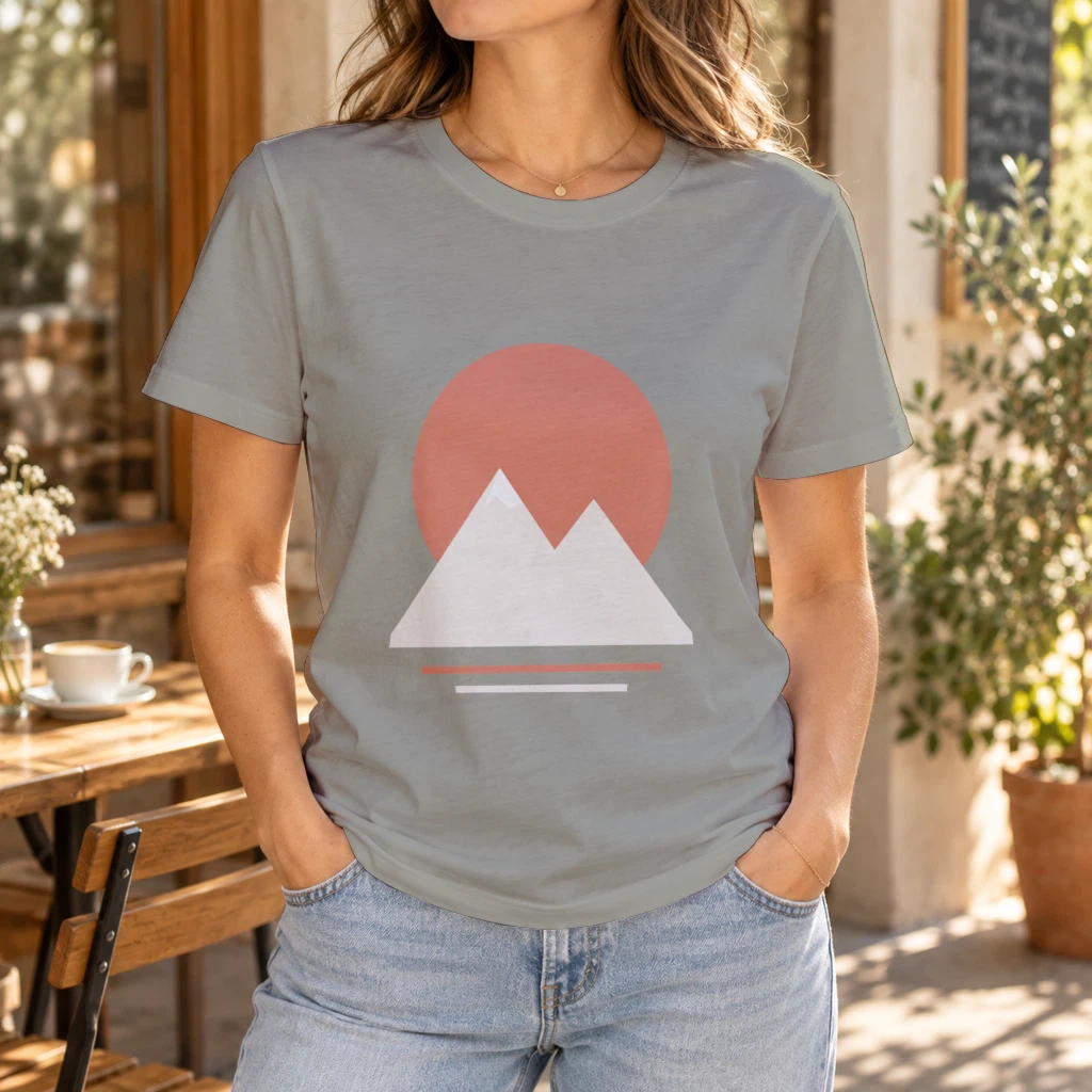 T-shirt PSD mockup rendered by API in heather gray with the mountain print