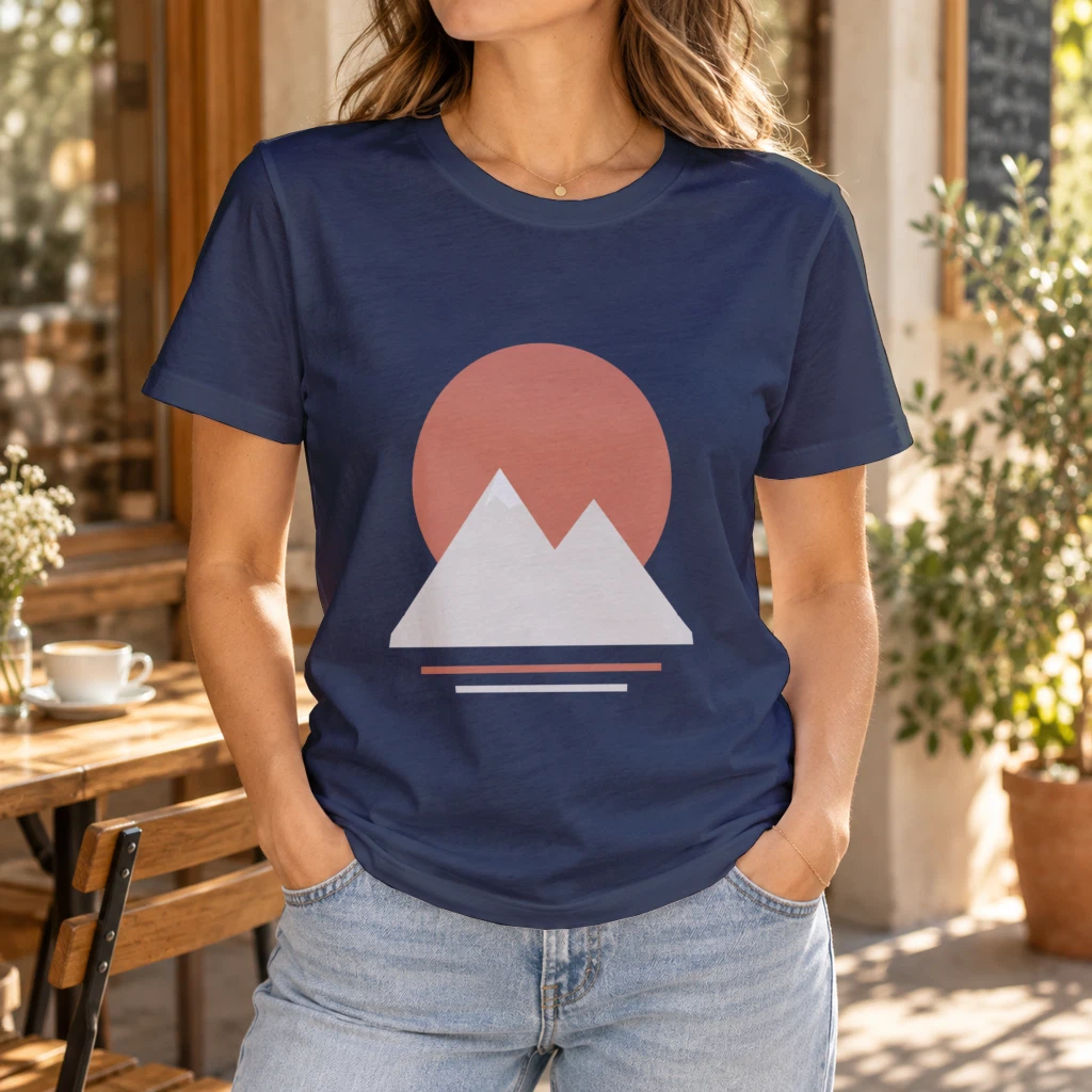 T-shirt PSD mockup rendered by API in navy with the mountain print