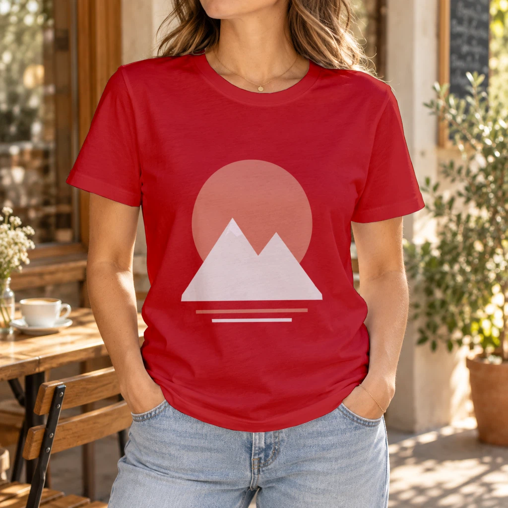 T-shirt PSD mockup rendered by API in red with the mountain print