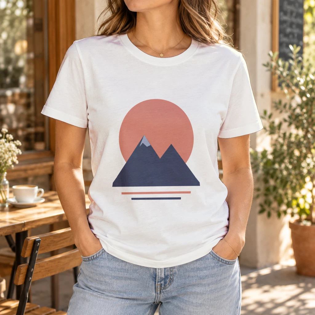 T-shirt PSD mockup rendered by API in white with the dark-ink mountain print