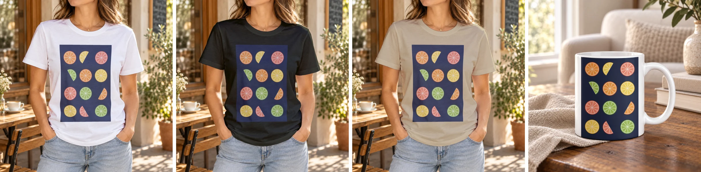 The same citrus slice design printed in the same place on a white, a black and a sand t-shirt worn by a model at a cafe, and printed on a white ceramic mug on a wooden table