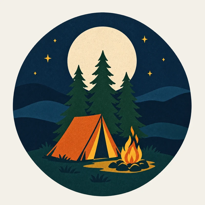 A round night scene design with an orange tent, a campfire, three pine trees and a full moon over navy hills, shown on a light background before rendering