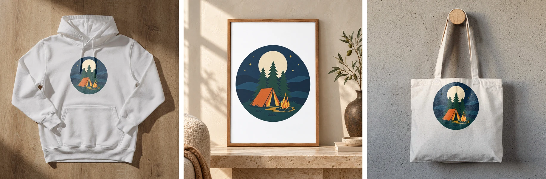 The same moonlit campsite design rendered by SudoMock on the chest of a white hoodie laid flat on wood, inside a framed poster on a shelf, and on a canvas tote hanging from a wall peg