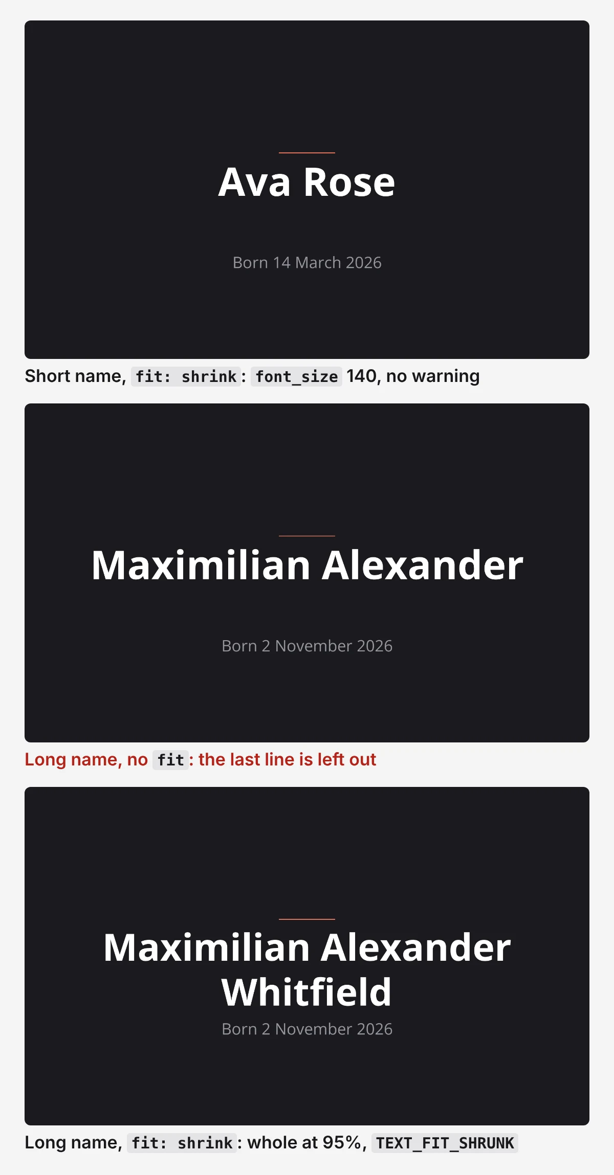 Three print files from one design PSD: Ava Rose at full size, Maximilian Alexander with the surname missing when fit is left out, and Maximilian Alexander Whitfield whole on two lines with fit set to shrink, each with its birth date below