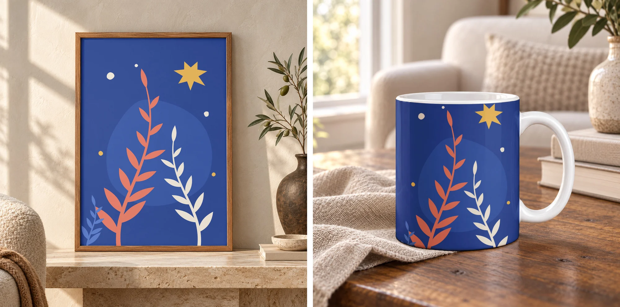The same botanical night design rendered by SudoMock as a framed print on a stone shelf and on a white mug on a wooden table