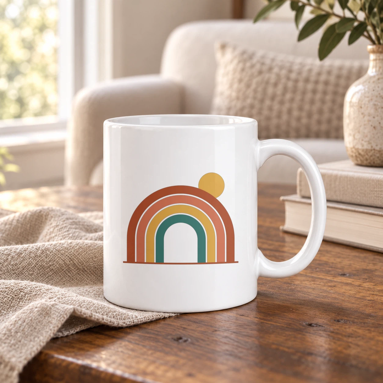 White ceramic mug PSD mockup rendered by API with a rainbow arches design, a SudoMock template for mug listing images