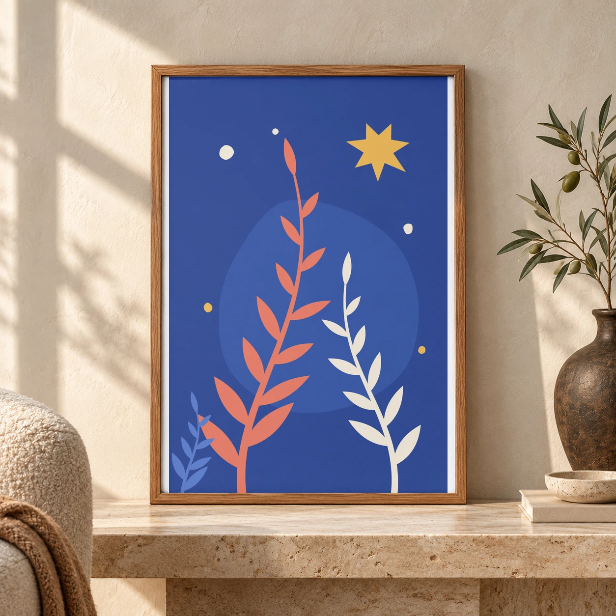 Framed poster PSD mockup rendered by API with a botanical print, a SudoMock template for wall art listing images