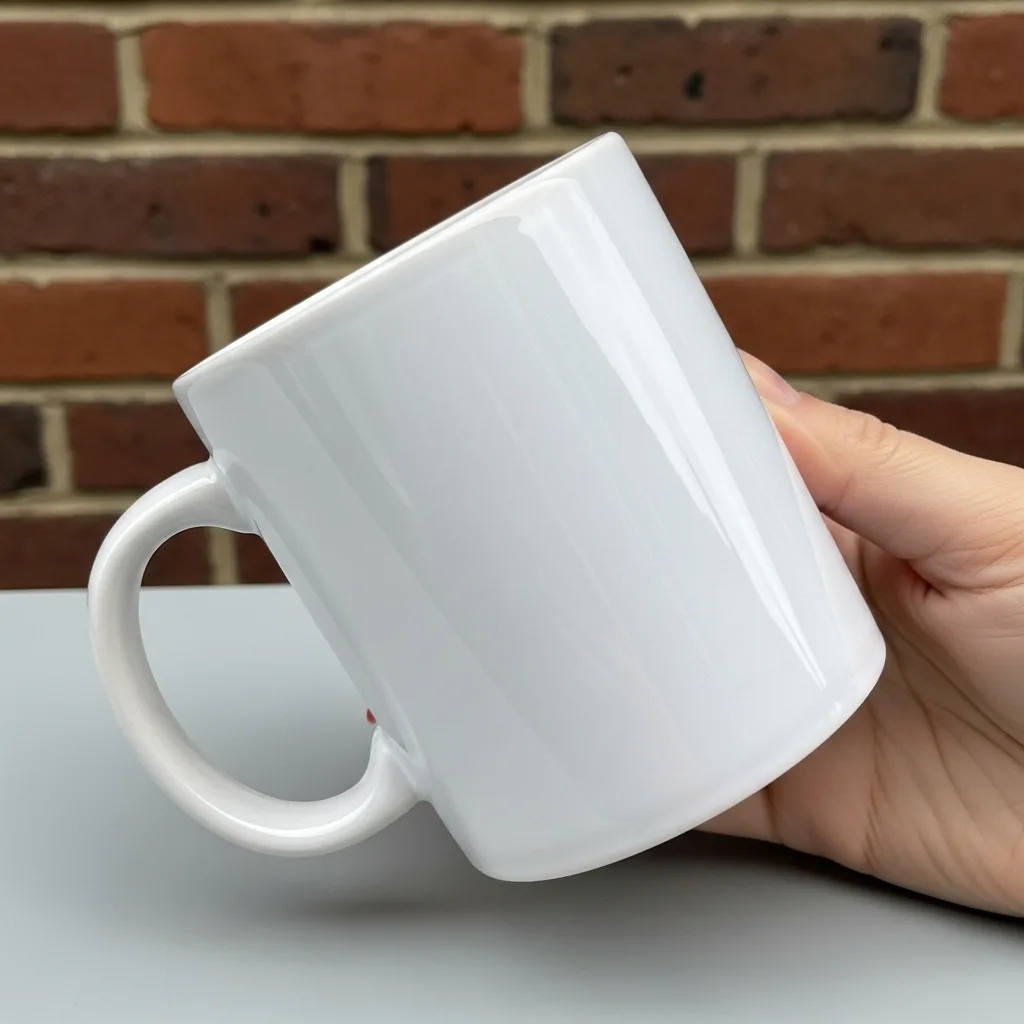 Blank white ceramic mug at a three-quarter angle with the handle visible, a SudoMock PSD template for mug listing images