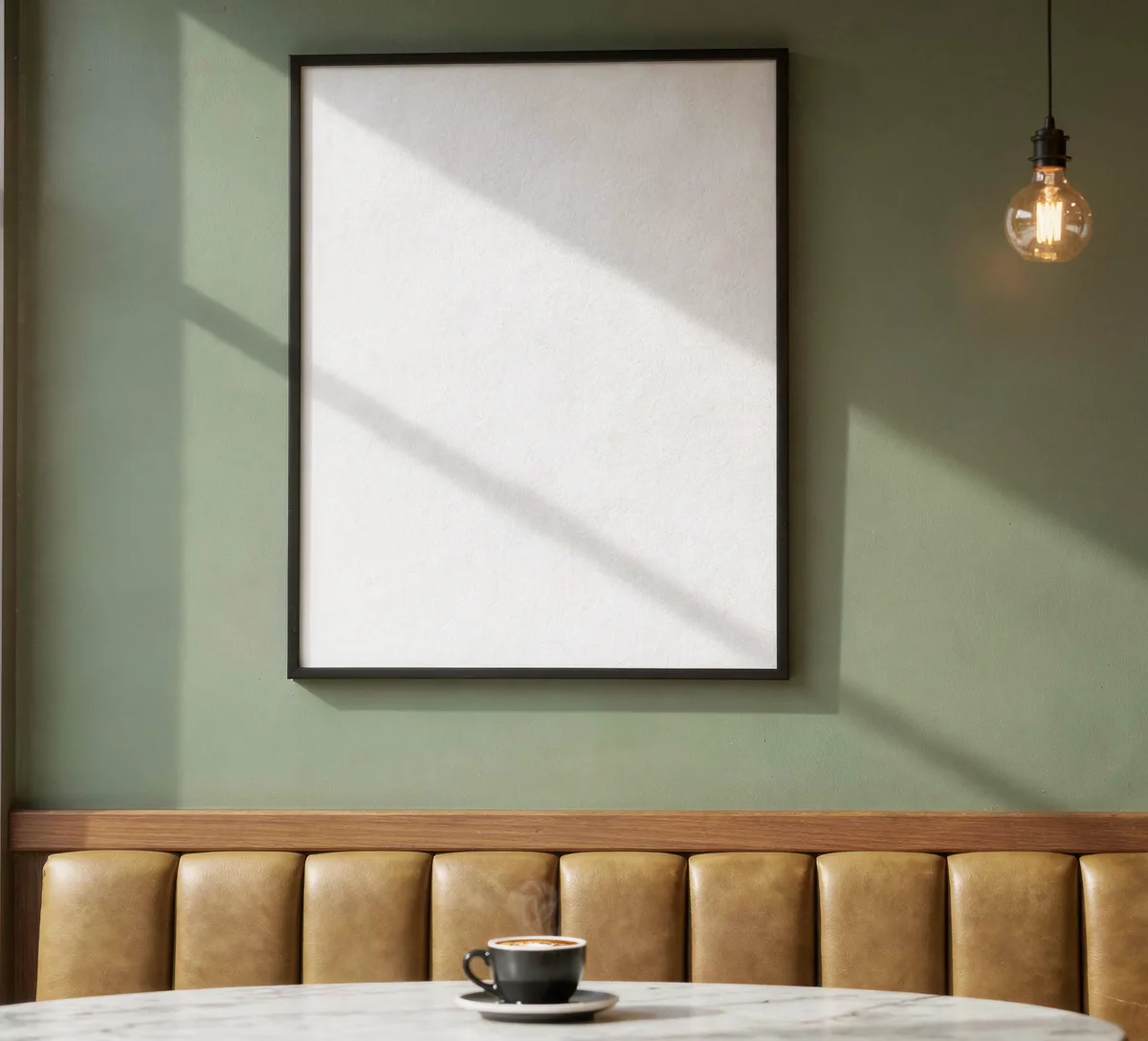 Blank white poster print displayed in a café interior, a SudoMock PSD mockup template that any artwork can be rendered onto by API