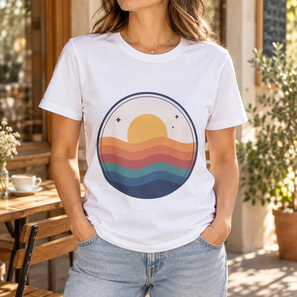 White t-shirt on a model in a cafe, rendered by SudoMock with a round sunset badge of orange, teal and navy waves under a yellow sun centered on the chest