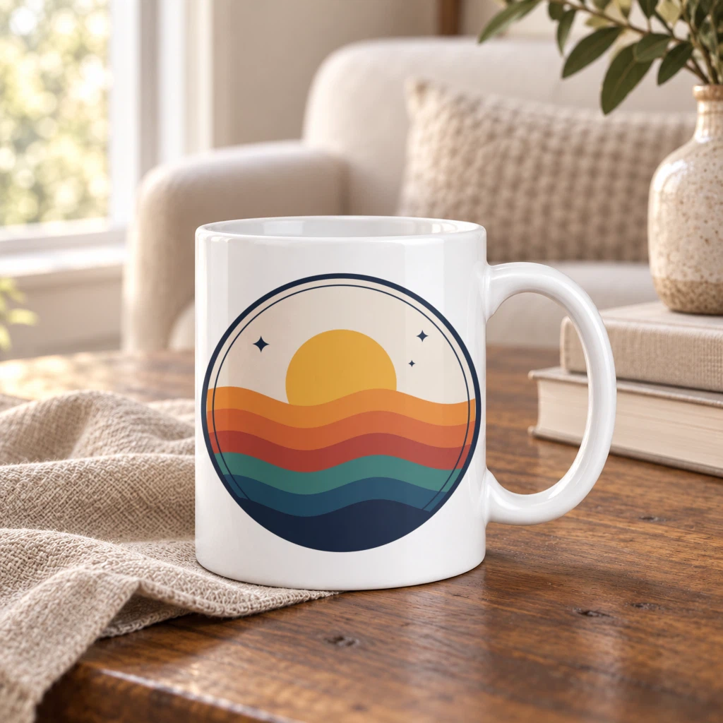 White ceramic mug on a wooden table, rendered by SudoMock with the same round sunset badge on the side facing the camera
