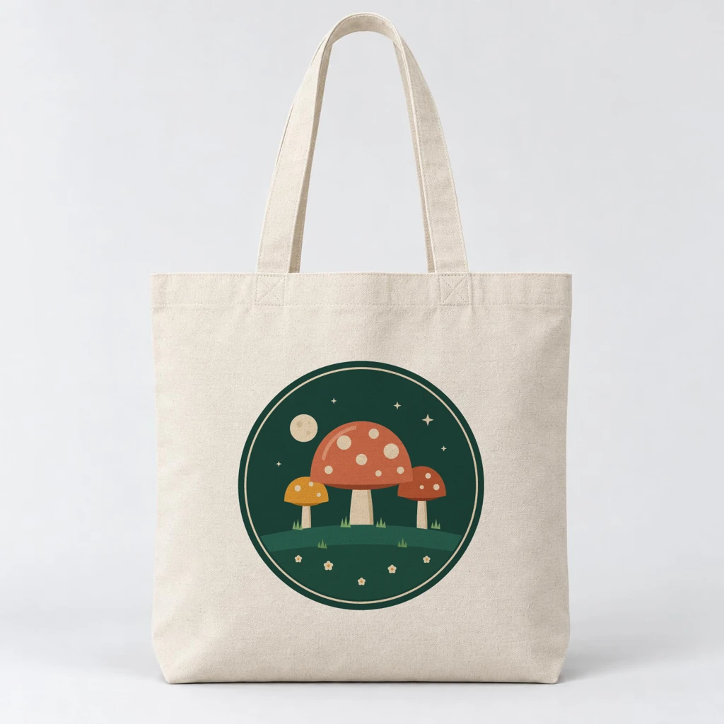 Natural canvas tote bag on a light grey background, rendered by SudoMock with a dark green round badge of three red and orange mushrooms under a moon on the front panel