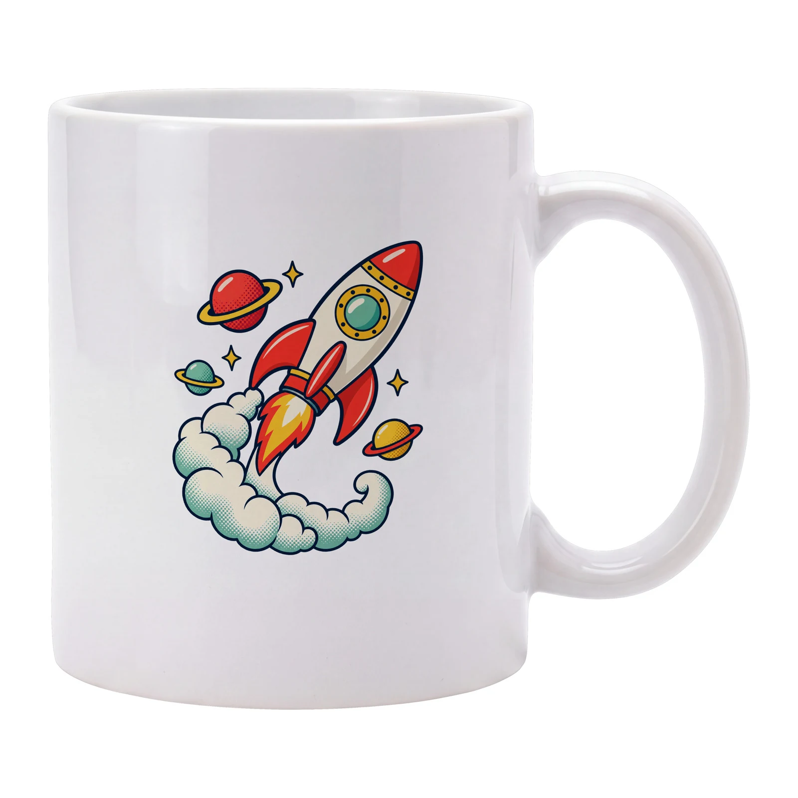 White 11 oz ceramic mug on a white background rendered by SudoMock with the same rocket design centered on the side facing the camera, handle on the right