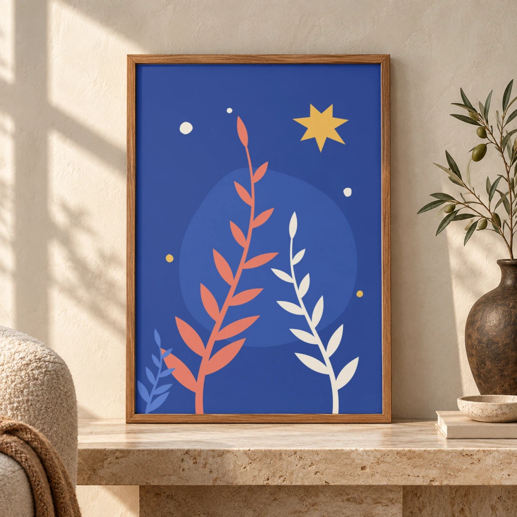 A botanical night poster in a wooden frame on a stone shelf, rendered from the second CSV row on a framed poster PSD