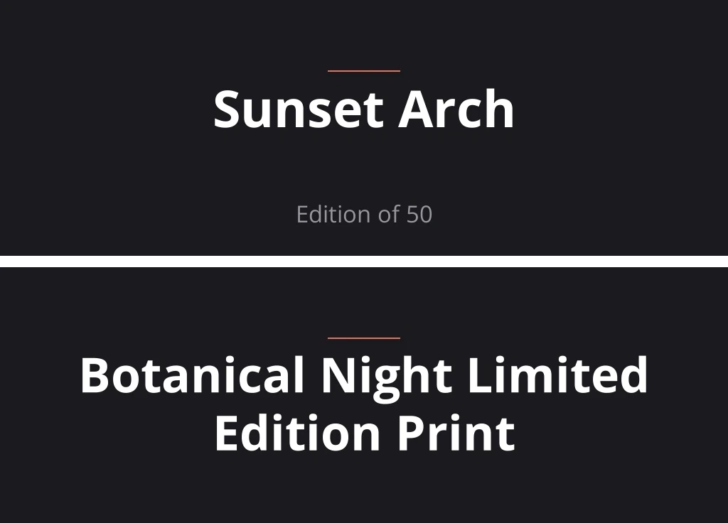 Two print files from one title template: Sunset Arch with the caption Edition of 50, and Botanical Night Limited Edition Print on two lines with the caption layer hidden
