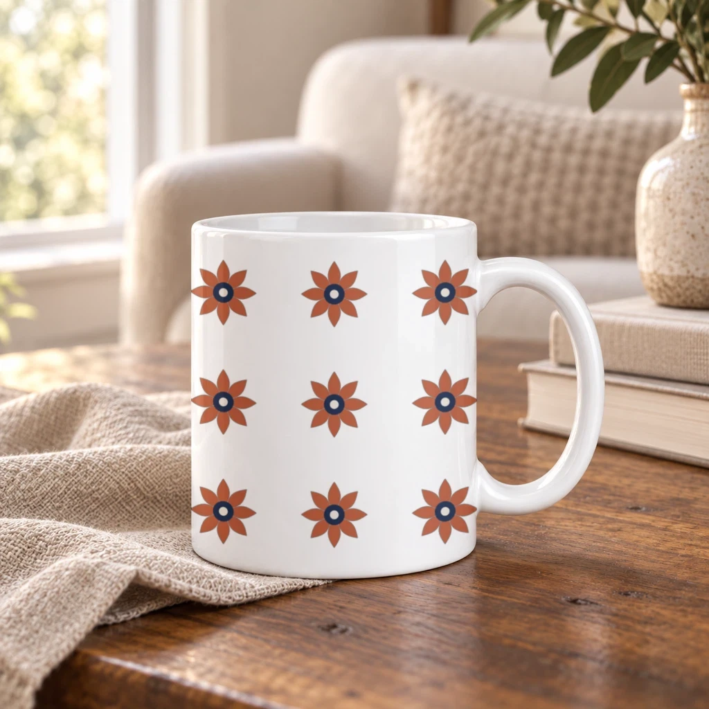 A terracotta emblem repeated across a white mug in a grid, each copy separated by half a tile of white