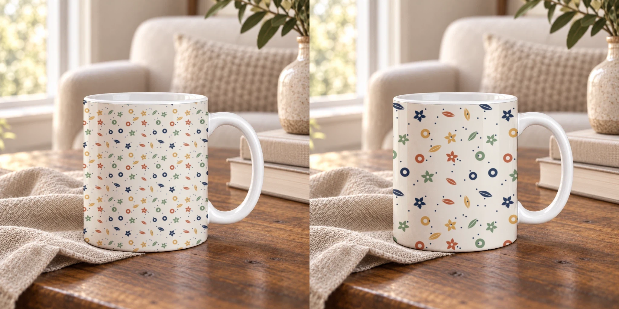 The same garden pattern on one mug PSD at two tile sizes: the 300 pixel tile repeats about three times across the print, the 600 pixel tile about one and a half times