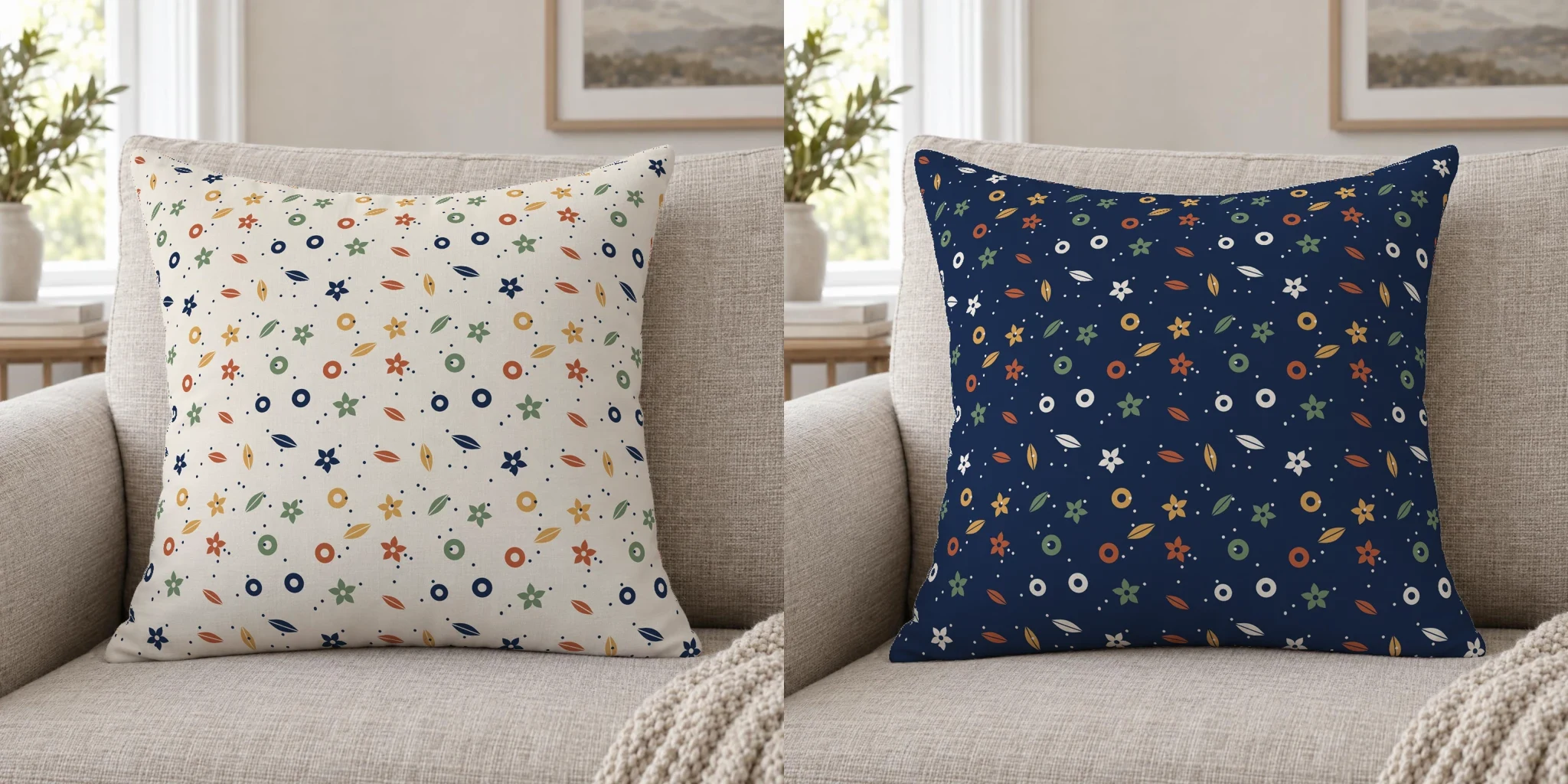 The garden pattern on a throw pillow in two colorways, cream and navy, rendered from the same pillow photo