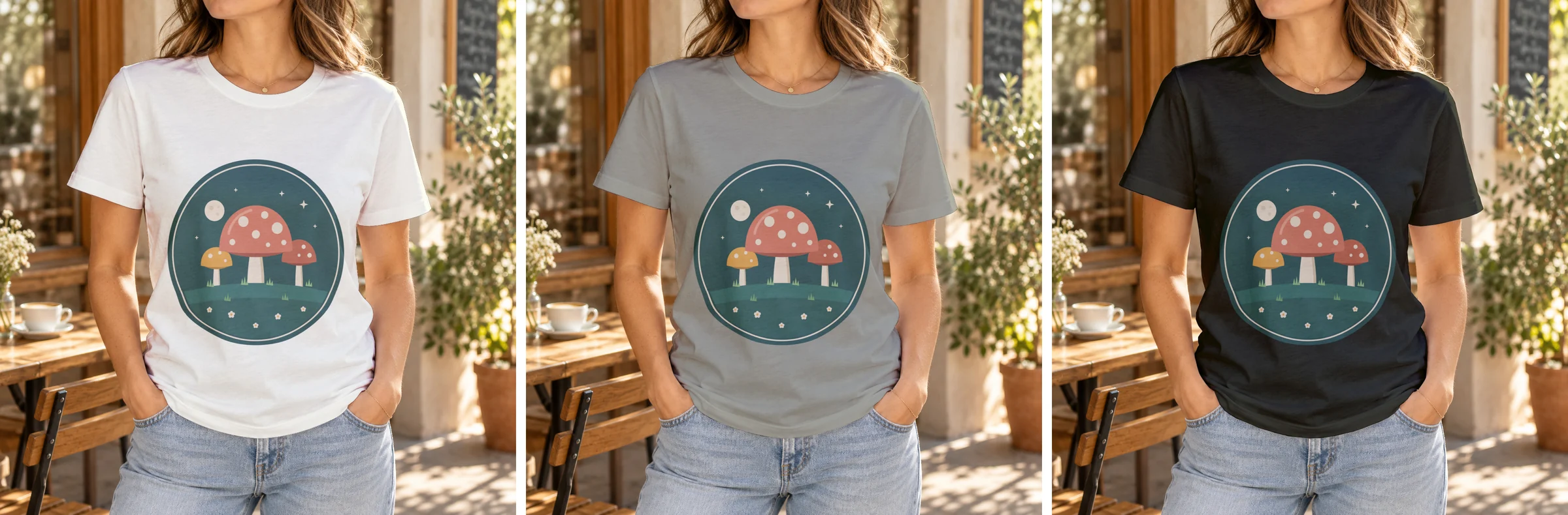 The same mushroom badge design rendered by SudoMock on a white, a heather gray and a black t-shirt worn by a model at a cafe, the badge centered on the chest in each