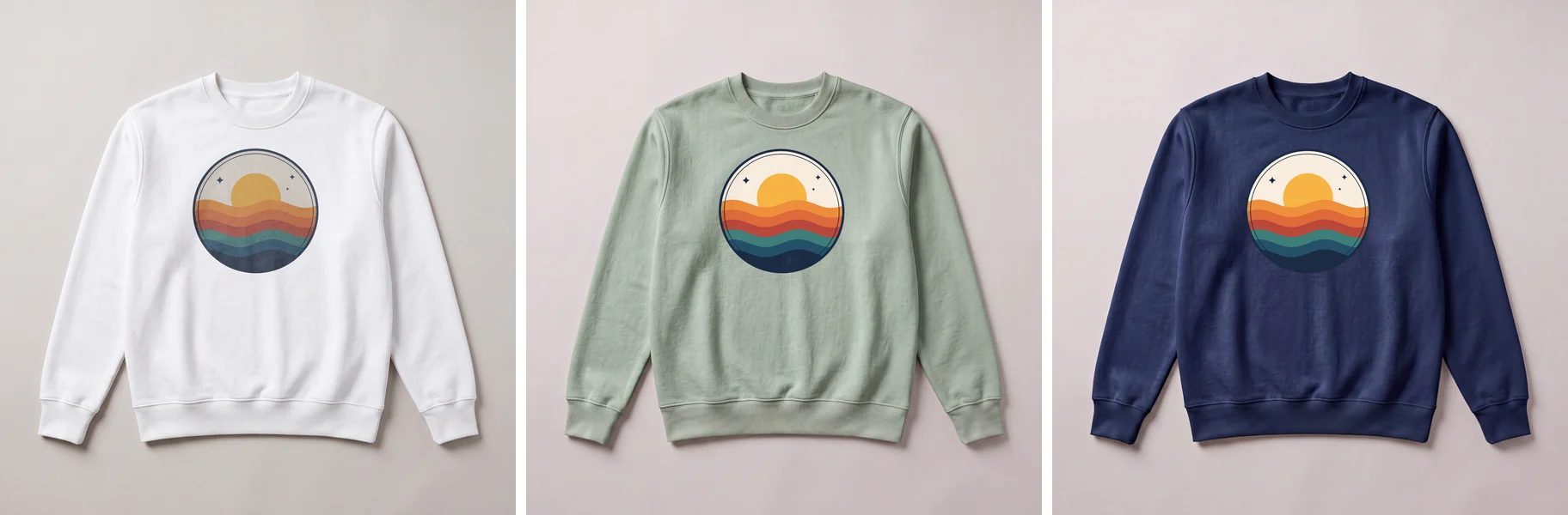 The same sunset print rendered on white, sage and navy crewneck sweatshirts, three SudoMock renders at 2048 by 2048 pixels