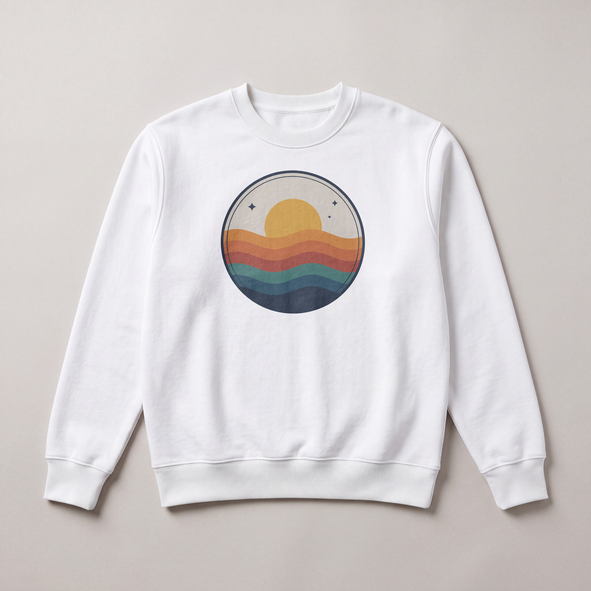 White crewneck sweatshirt with a round retro sunset print on the chest, a SudoMock render at 2048 by 2048 pixels
