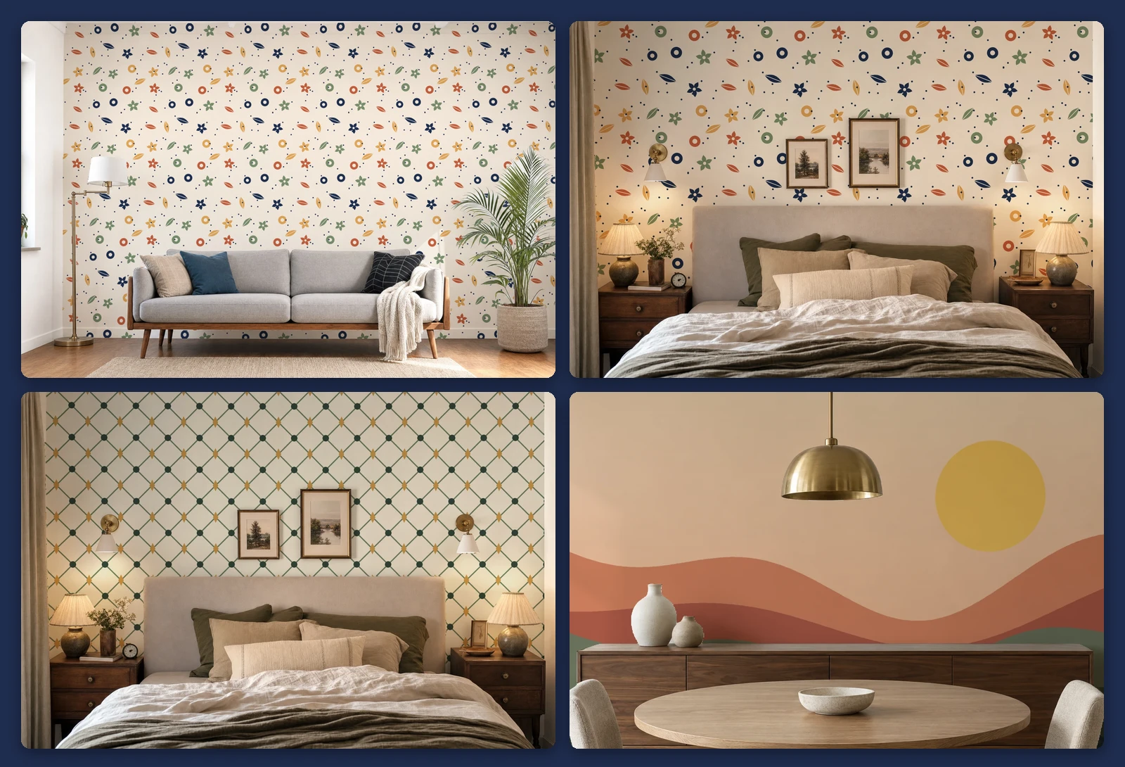 Four renders in a grid: the same garden wallpaper behind a sofa in a living room and behind a bed in a bedroom, a trellis wallpaper in the bedroom and a sunset mural in a dining room