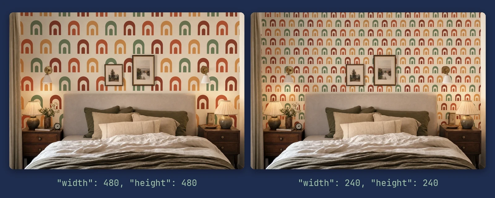 The same arches wallpaper on one bedroom wall at two repeat sizes, large arches on the left and twice as many smaller arches on the right