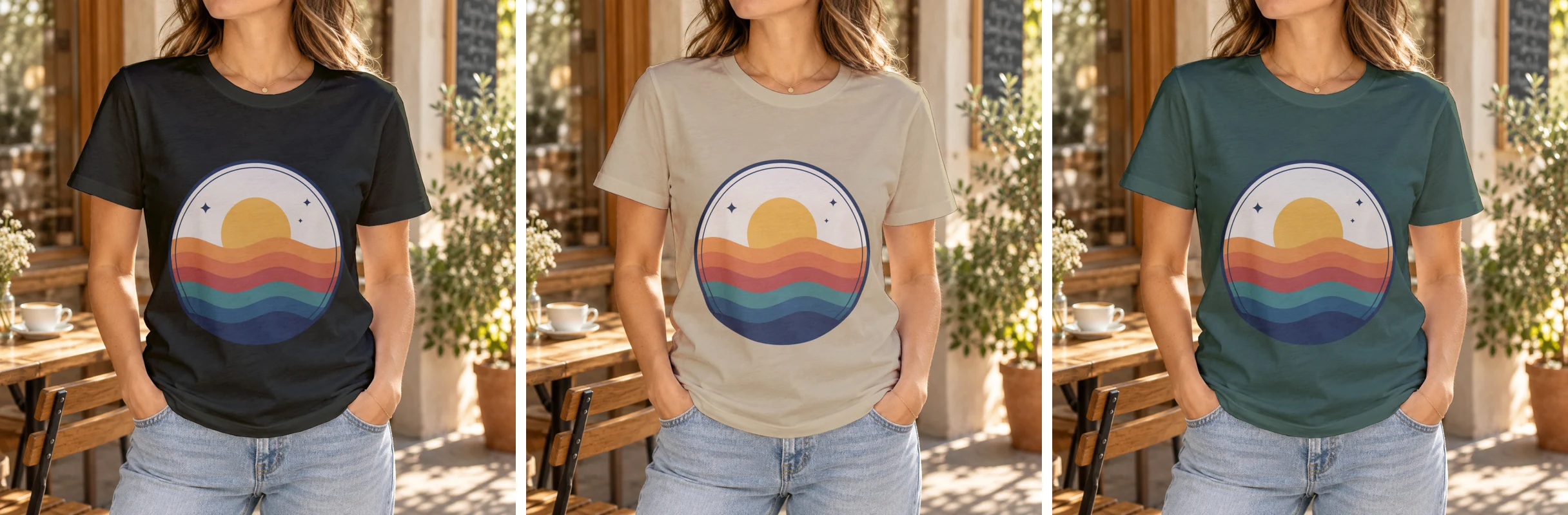 One sunset badge design rendered by SudoMock on a black, a sand and a forest green t-shirt worn by a model at a cafe, the badge in the same place on the chest in each