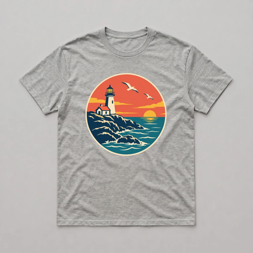 Heather gray t-shirt flat lay with the lighthouse badge print on the chest