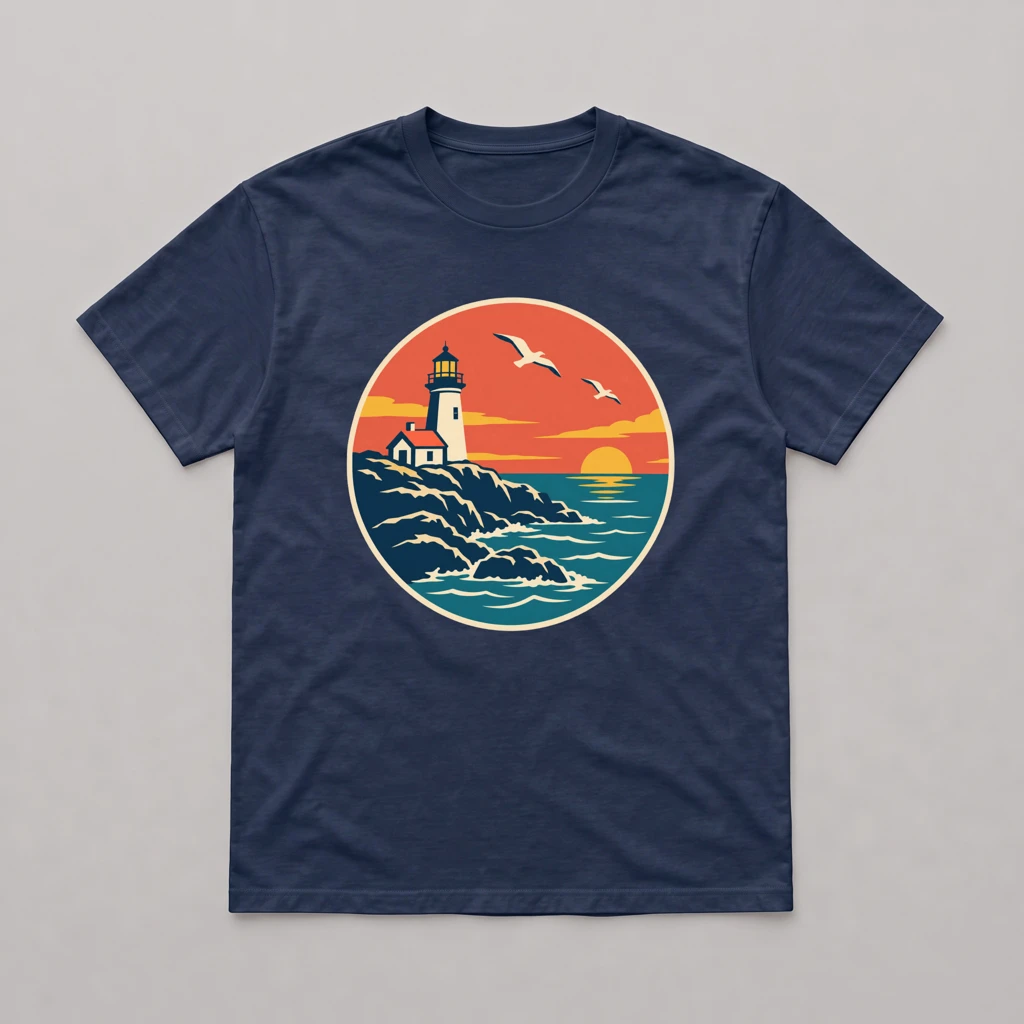Navy t-shirt flat lay with the lighthouse badge print centered on the chest