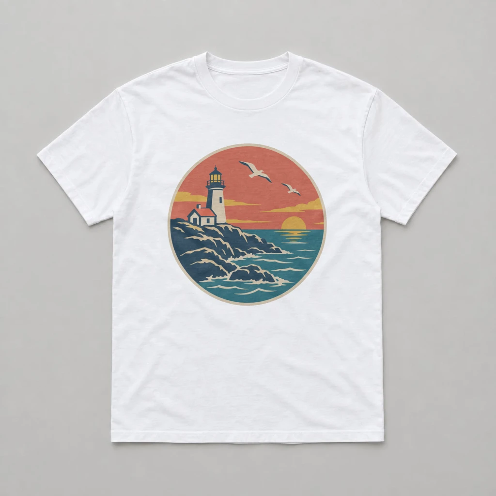 White t-shirt flat lay with the lighthouse badge print on the chest, rendered on a photo mockup