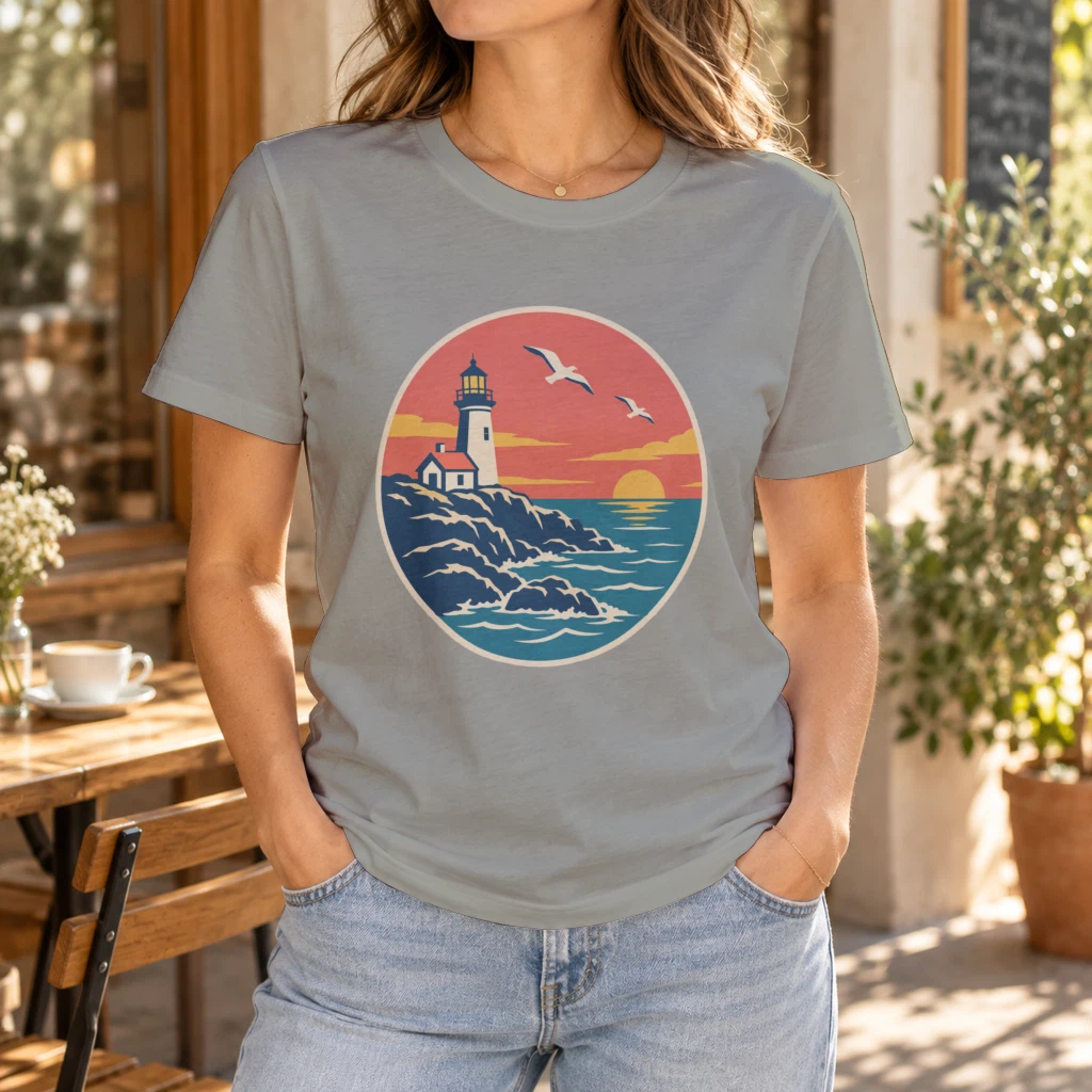 Heather gray t-shirt with the lighthouse badge print on a model, rendered from the same PSD