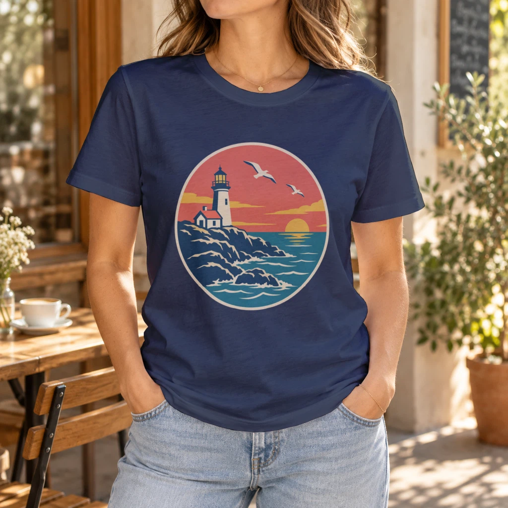 Navy t-shirt with the lighthouse badge print on a model, rendered from the same PSD