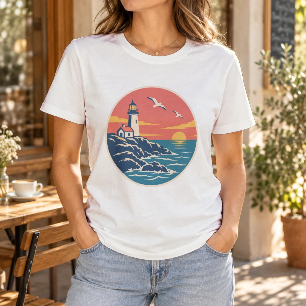 White t-shirt with a lighthouse badge print on a model, rendered from a PSD by API