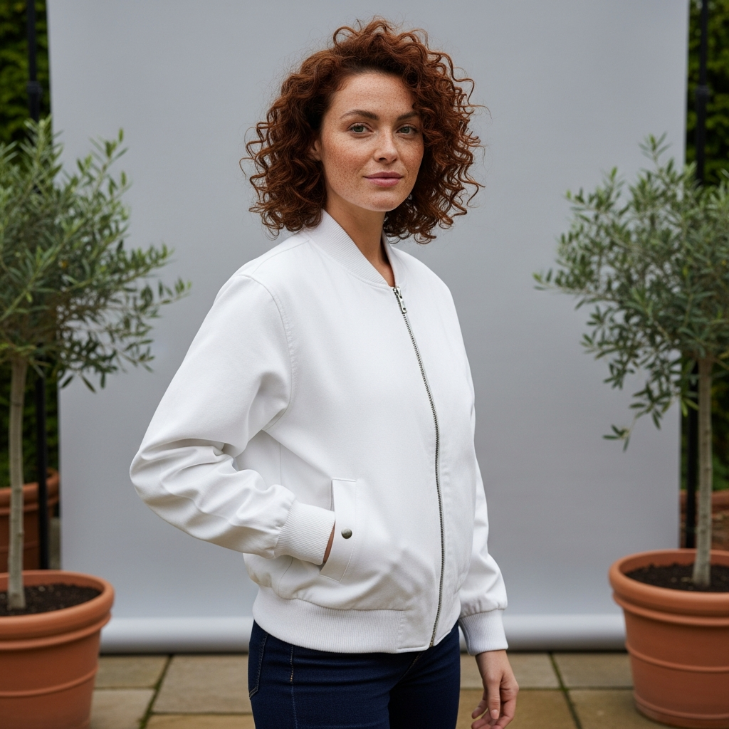 White Cotton Blend Bomber Jacket Mockup on Female Model | SudoMock
